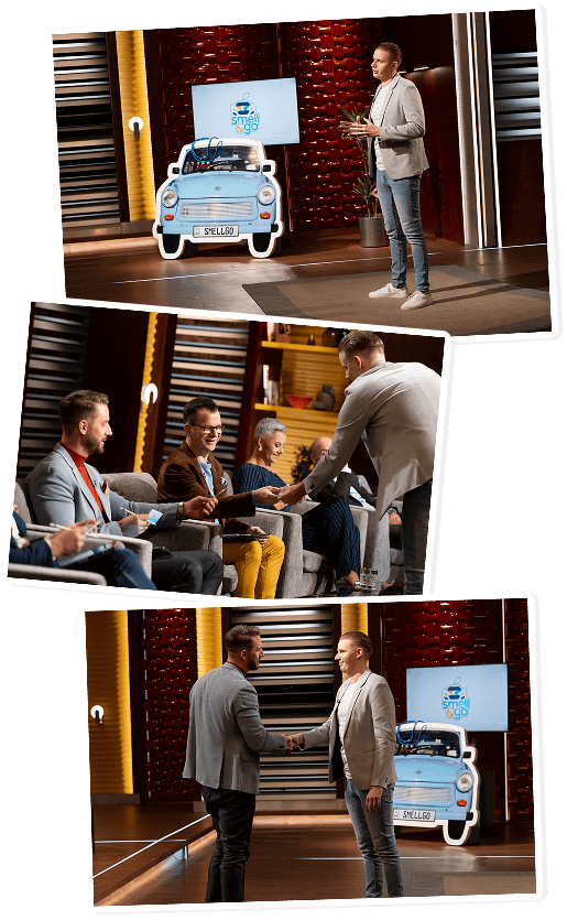 Tamás pitching his print-on-demand custom car air freshener business on Hungary’s Shark Tank – a standout business opportunity in the print-on-demand space
